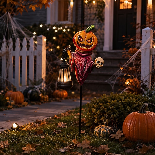 Lampada solare da giardino di Halloween, omino zucca con lanterna appesa, decorazione da giardino in metallo verniciato impermeabile per giardino, vialetto, prato, veranda, patio, cortile anteriore,