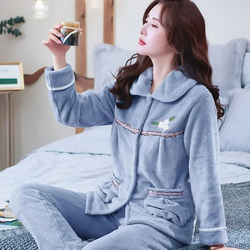 Ensemble pyjama en flanelle épaisse pour femme, costume deux pièces, chaud, ample, manches longues, décontracté, service à domicile, simple boutonnage, automne hiver