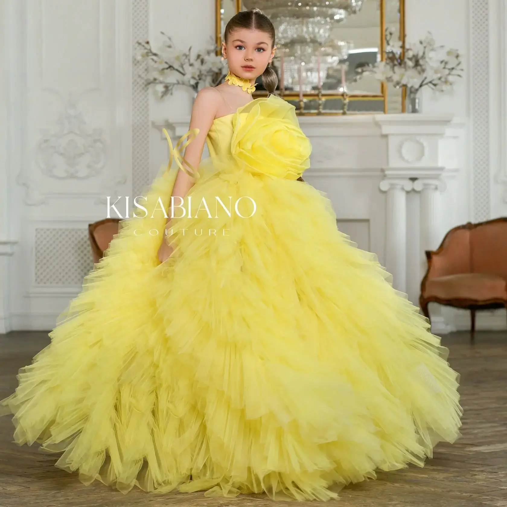 Yellow Flower Girl Dresses For Wedding Princess Floral Tiered Tulle Litter Girl's Baby Birthday Party Prom Photo Shoot Gowns