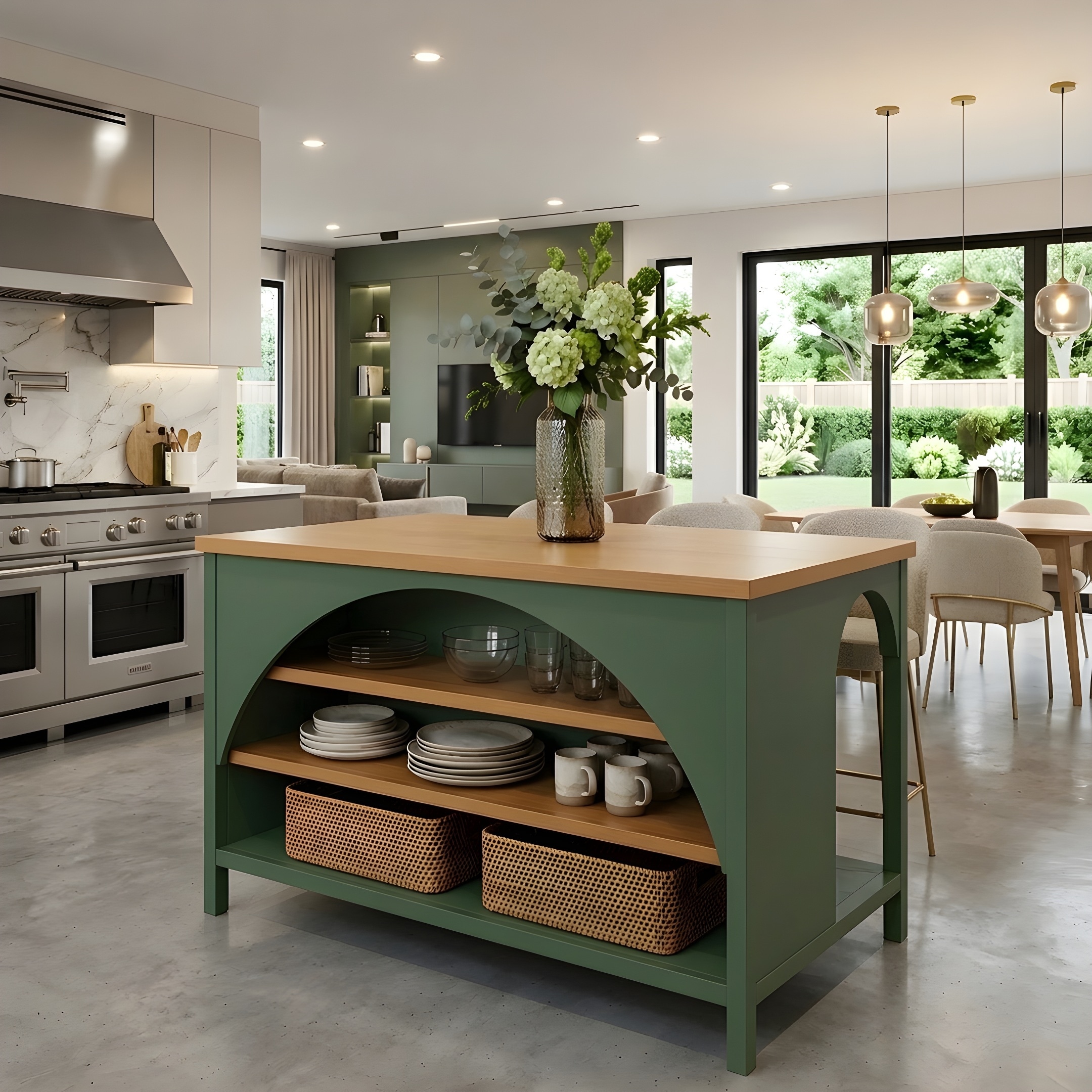 56" Farmhouse Kitchen Island with Open Storage, Rubber Wood Kitchen Cart with Arch Detail and Natural Top