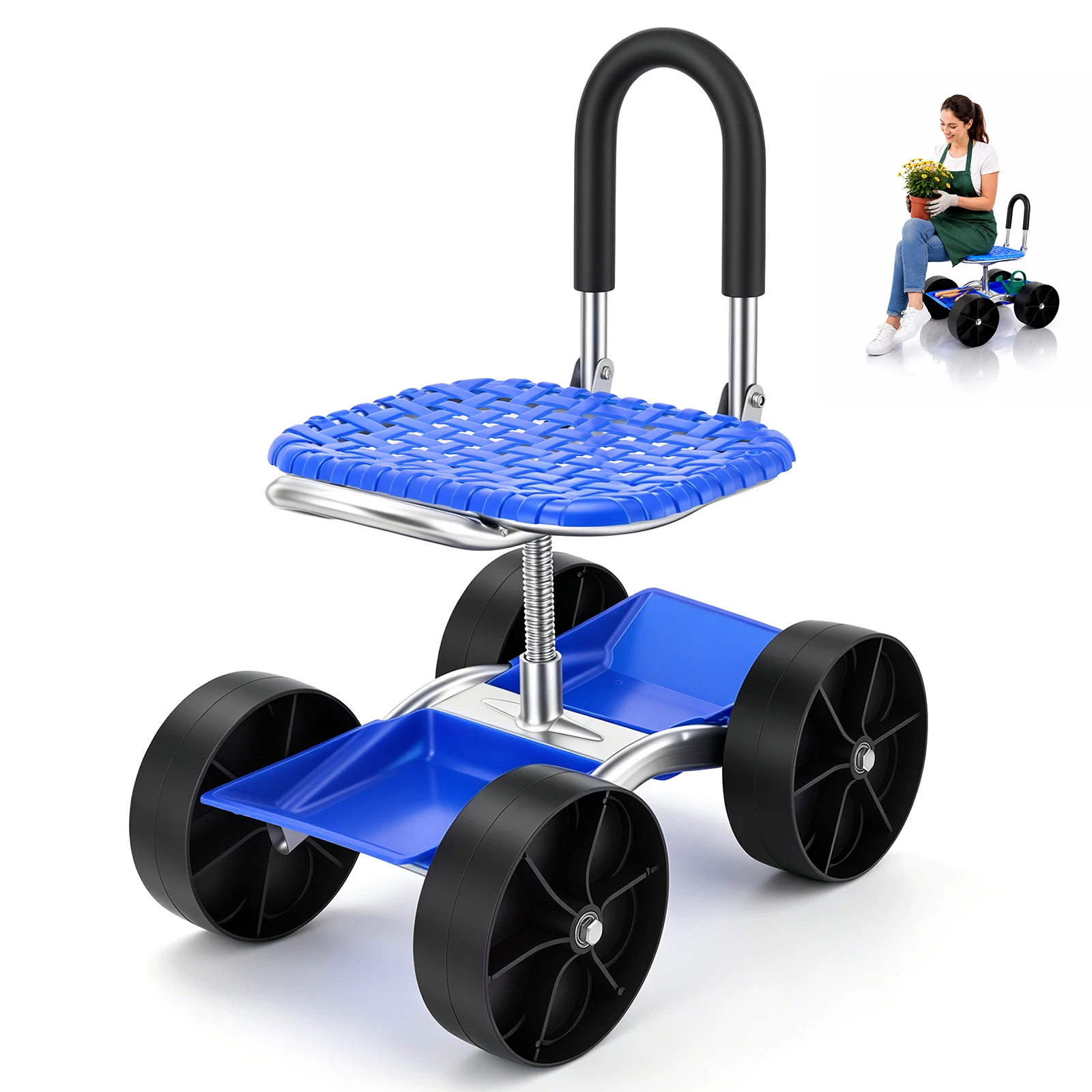 Chariot de jardin roulant avec siège de travail et roues, siège de jardin roulant, 360° ° Tabouret de jardin rotatif, réglable en hauteur, mobile, chariot de jardin roulant avec poignée et