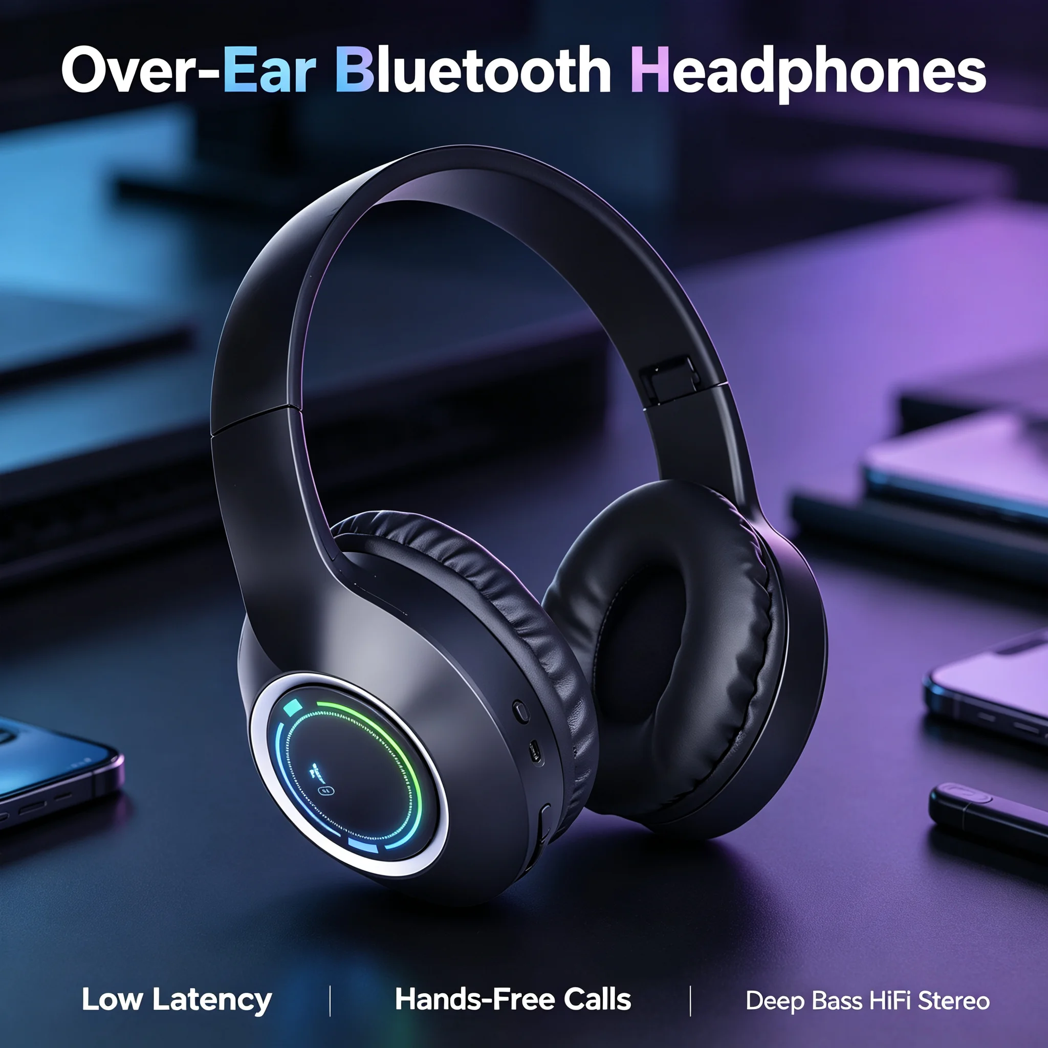 Casque audio Bluetooth circumaural, casque sans fil à faible latence, appels mains libres, casque à basses profondes et réduction de bruit, casque stéréo Hi-Fi pliable pour le sport, les voyages, les