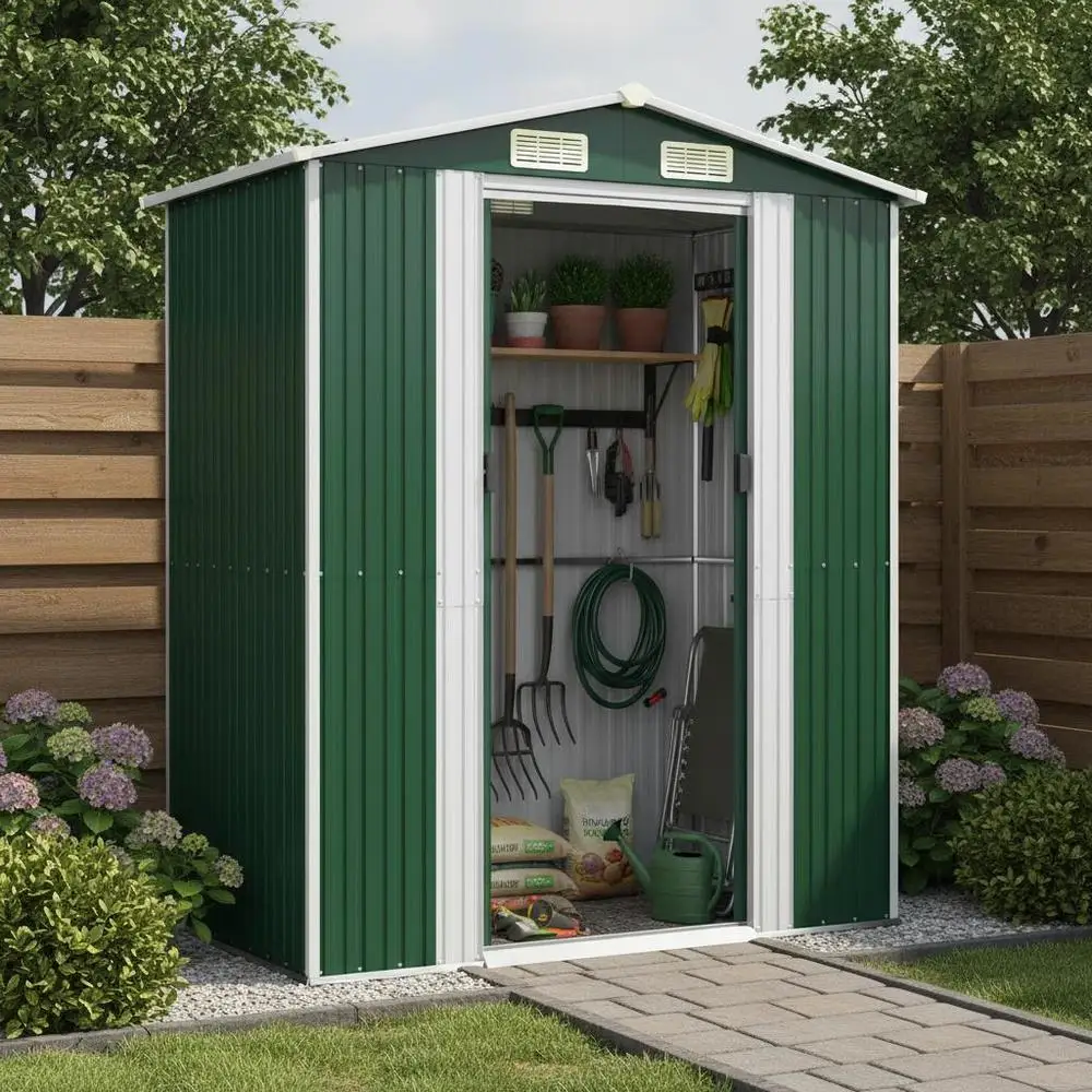 Abri de jardin en acier galvanisé 192 x 108 x 223 cm avec porte coulissante et ventilation, rangement extérieur pour outils de jardinage, équipements de piscine et accessoires, abri de jardin de style