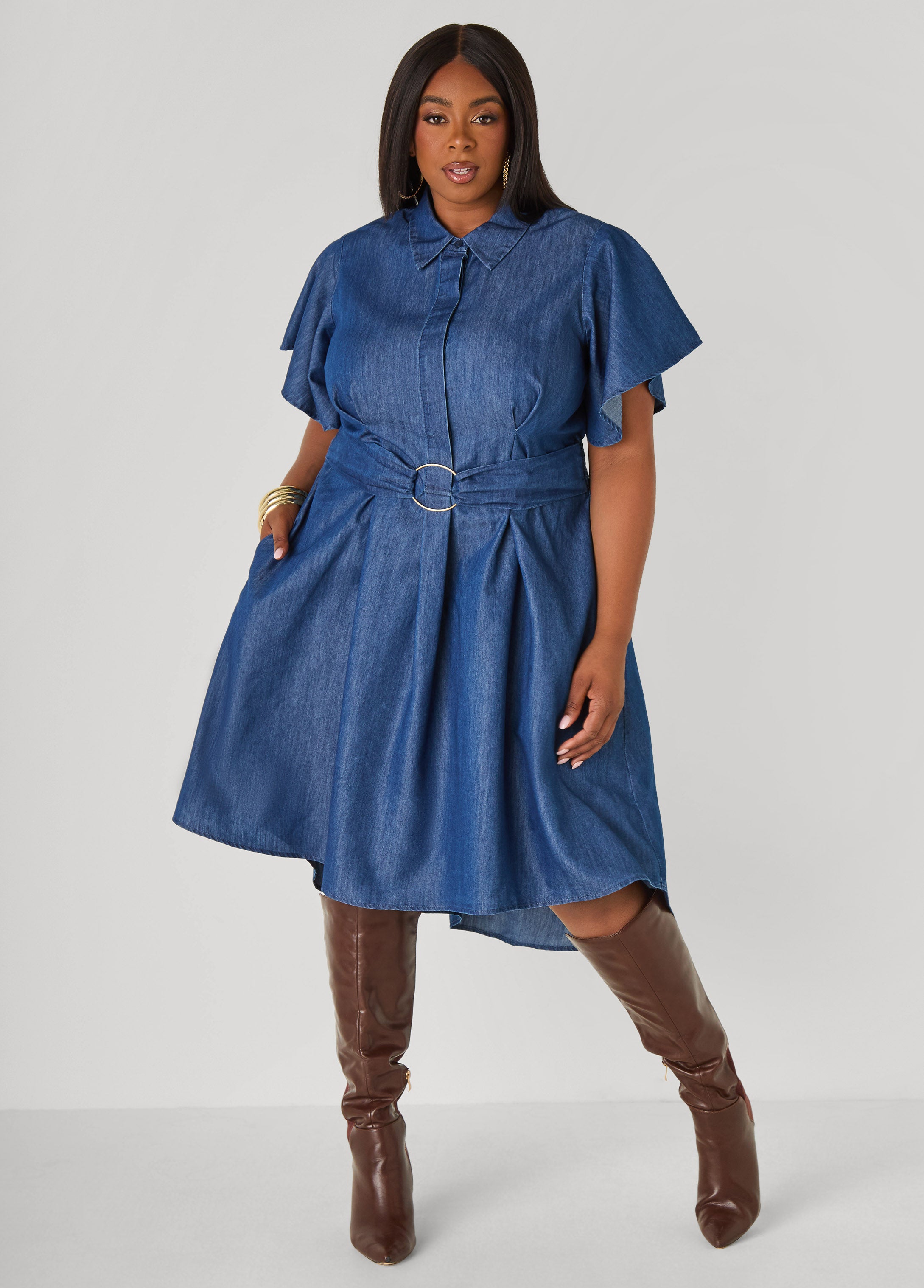 Plus Size Belted Chambray Hi Low Dress