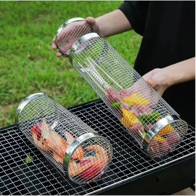 Cage de barbecue ronde en acier inoxydable 304, grille de barbecue roulante, grille de barbecue portable, panier de barbecue pour camping en plein air