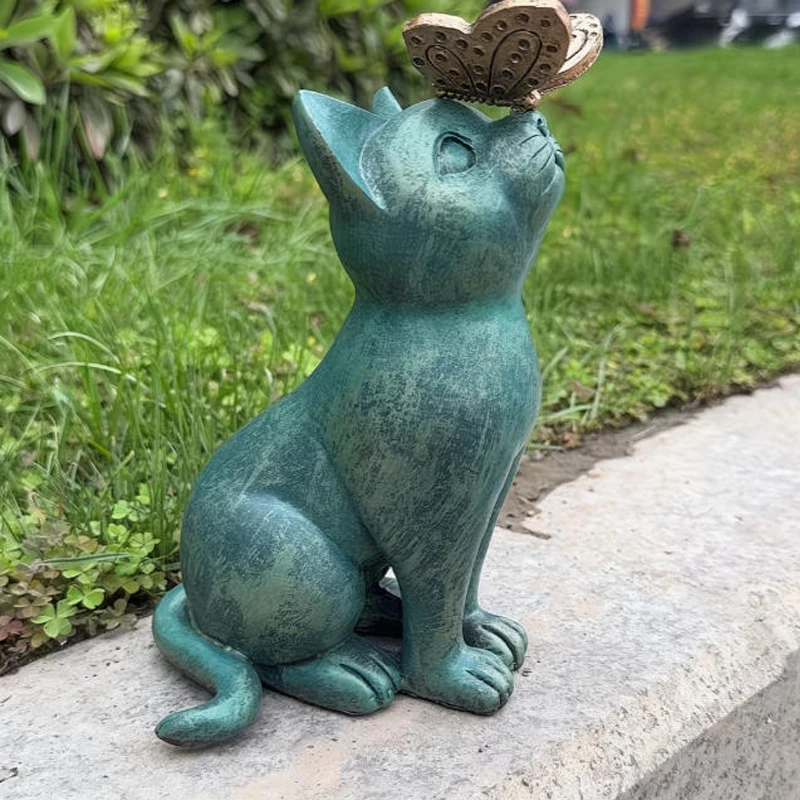 Statues de chat et de papillon mignons pour jardin, décoration de jardin extérieur, boutique de bonsaï, sculpture animale, ornement de jardin en résine