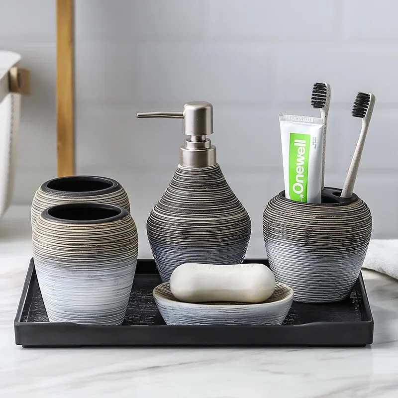Ensemble de toilette vintage brossé pour salle de bain, ensemble de toilette en céramique fait main pour salle de bain, ensemble de cinq pièces, kit de salle de bain