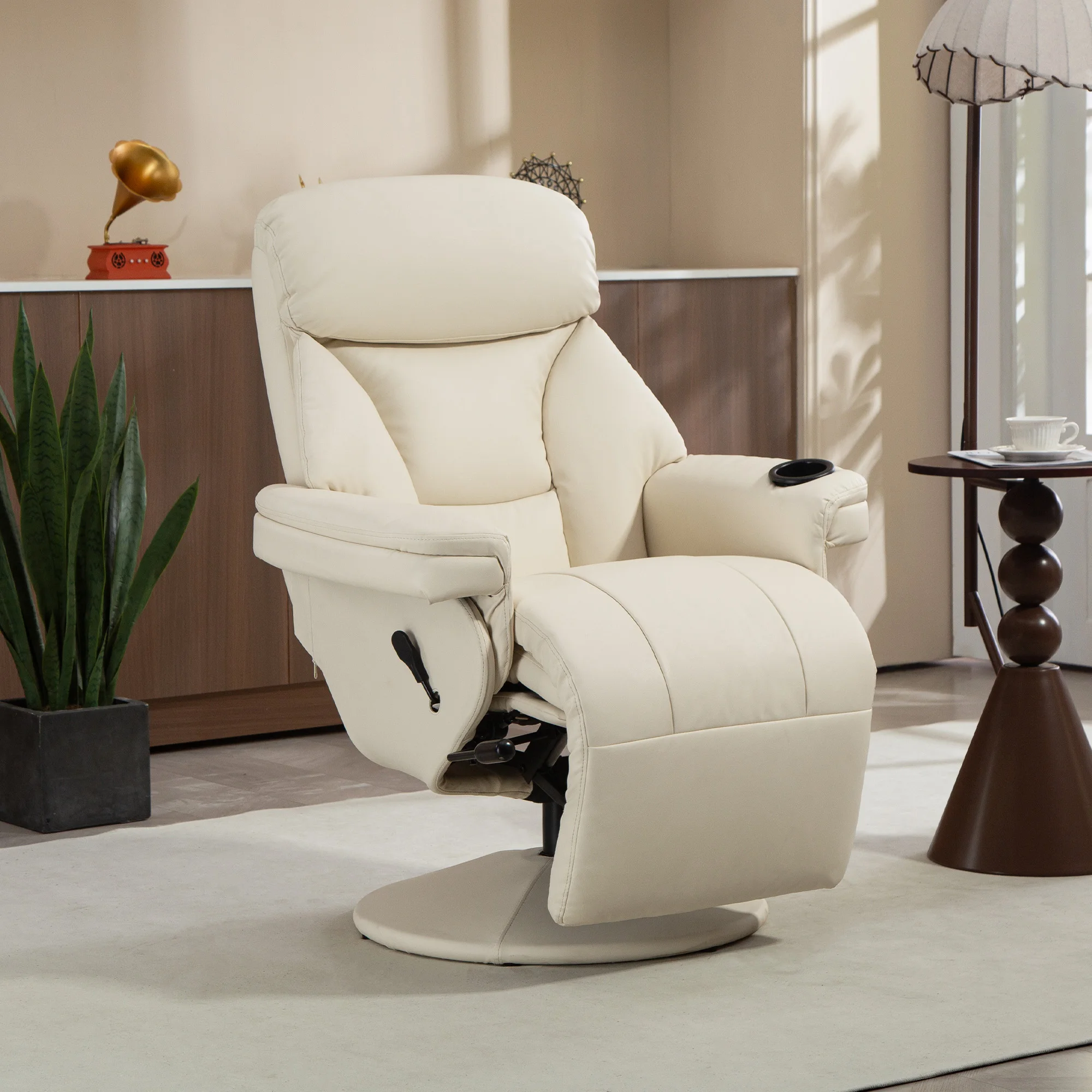 HOMCOM Relaxsessel mit Liegefunktion Fernsehsessel mit Seitentasche, Becherhalter, Ruhesessel Liegesessel TV-Sessel aus PU für Wohnzimmer Schlafzimmer Creme