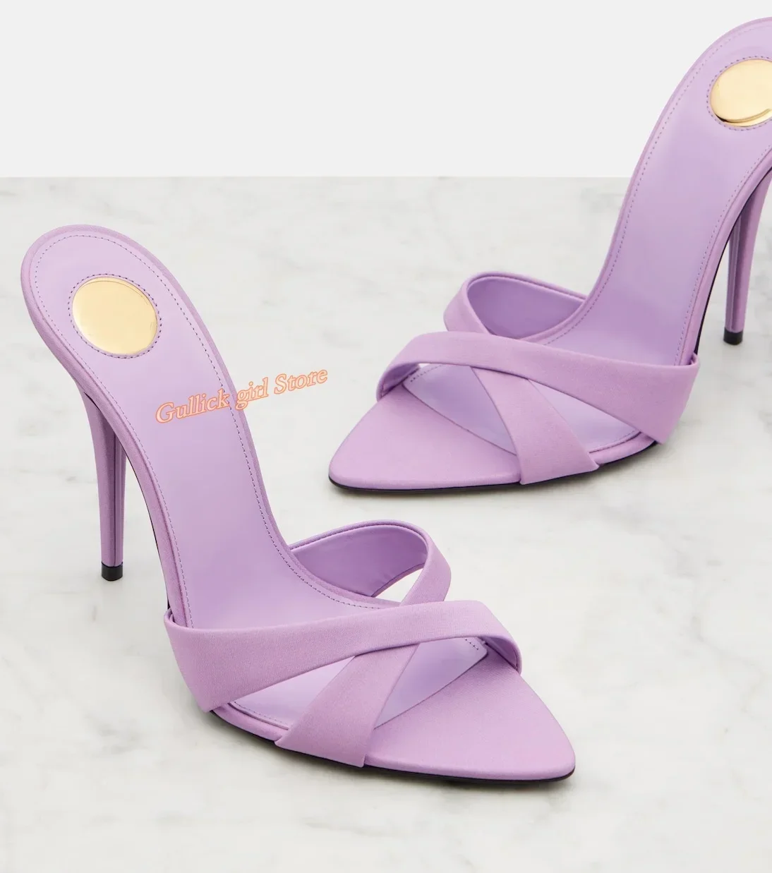 Spitzer Zehenpartie-Slipper mit Kreuzriemen, Stiletto-Absatz, dünner hoher Absatz, Slip-On, Runway 2026 Sommer Damen Abendschuhe aus Wildleder in Lila und Orange
