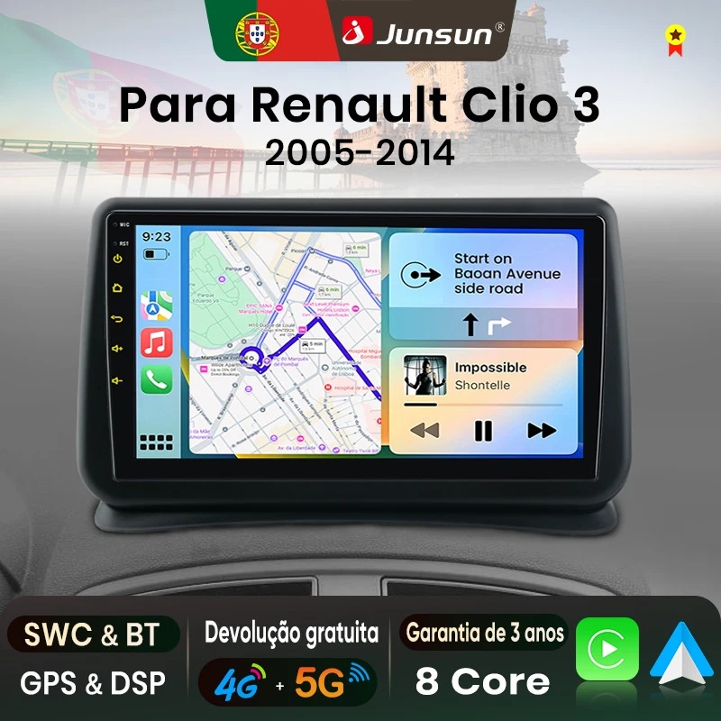 Junsun 8-Kern Autoradio mit Carplay Android Auto für Renault Clio 3 2005-2014 GPS-Navigation SWC GPS-Multimedia RDS DSP 4G