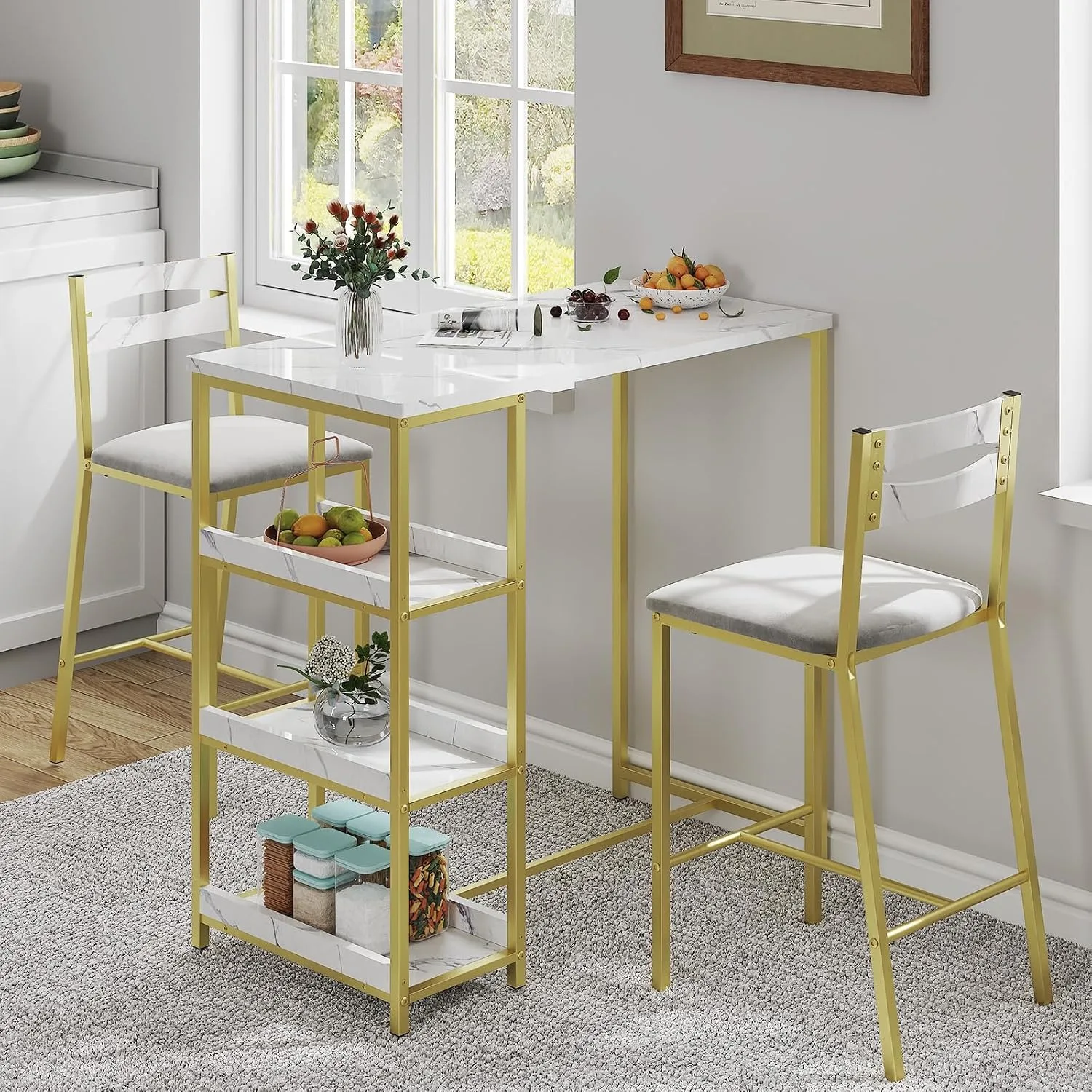 Bartisch- und Stuhl-Set, 3-teiliges Bartisch-Set mit Klappbarer Erweiterung und Ablagefächern, Esstisch-Set für 2 Personen, Geeignet für Kleine Küchen und Apartments