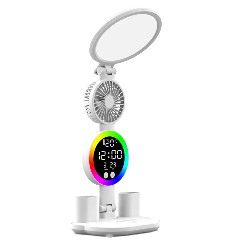 Wiederaufladbare LED-Tischlampe für Arbeitszimmer, Schlafzimmer, Schreibtischlampe, USB-Leselampe, Tischleuchte mit Ventilator, LED-Uhr, Display, Leselampe