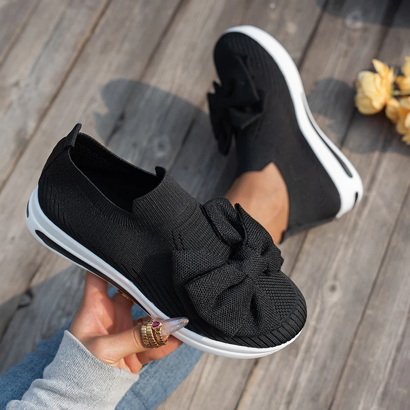 Mode Bowknot Elastische Gestrickte Socken Turnschuhe Frauen Leichte Slip Auf Wanderschuhe Frau Komfortable Rutschfeste Casual Schuhe
