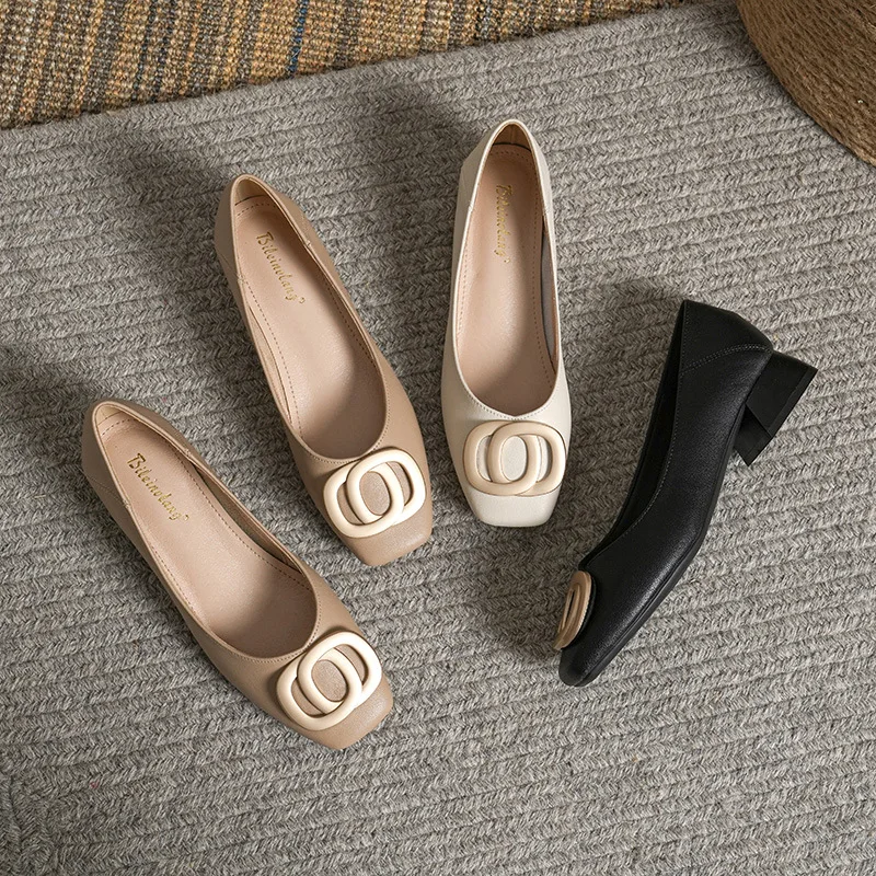 Frau Elegante Karree Beige Schuhe Lolita Barfuß 4CM High Heel Weibliche Metall Fitting Mary Janes Nette Designer Loafer Schuhe