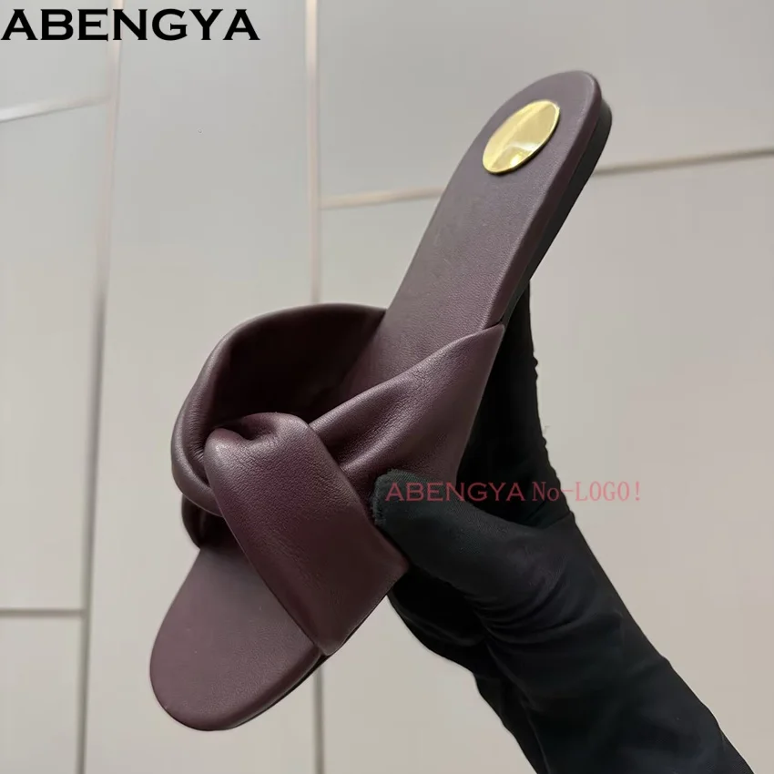 ABENGYA Sommer-Slipper aus echtem Leder, flache Freizeitschuhe für Damen, Slip-On-Loafer, Damensandalen mit offenem Zehenbereich, Urlaubs-Strand-Hausschuhe