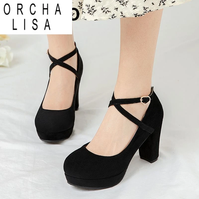 ORCHA LISA Neue Mary Janes Sexy Frauen Sandalen Flock Wildleder Runde Kappe Block Heels 8,5 cm Plattform 5 cm Schnalle große Größe 46 47 48