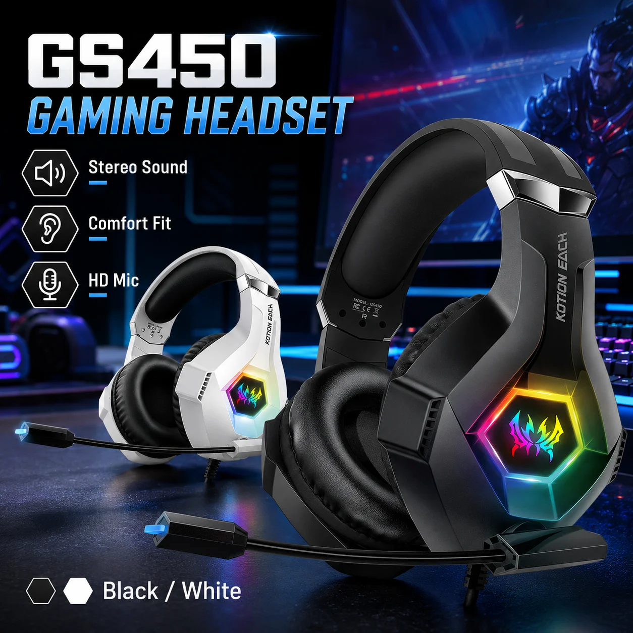 GS450 Kabelgebundenes Gaming-Headset RGB LED-Kopfhörer mit Mikrofon Stereo-Bass Over-Ear Gamer-Kopfhörer für PC Laptop PS4 Xbox