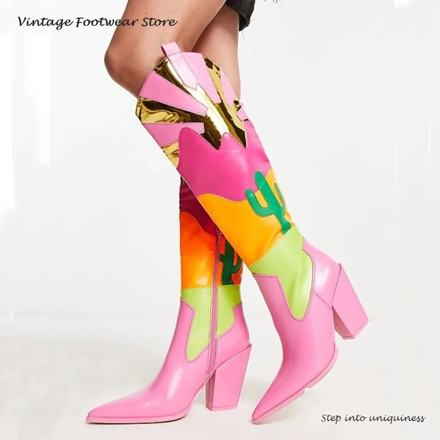 Vintage Patchwork Leder Kniehohe Stiefel Spitz Keile Bunte Mode Stiefel Frühling Herbst Damen Schuhe Cowboy Stiefel