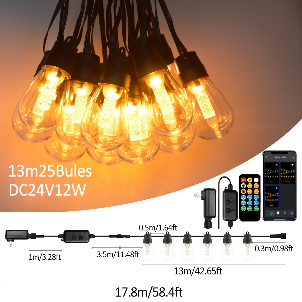 Smarte Außen-Lichterkette mit Fernbedienung, IP65 Wasserdicht für Café, Terrasse, Garten, Außenbereich, Hochzeit