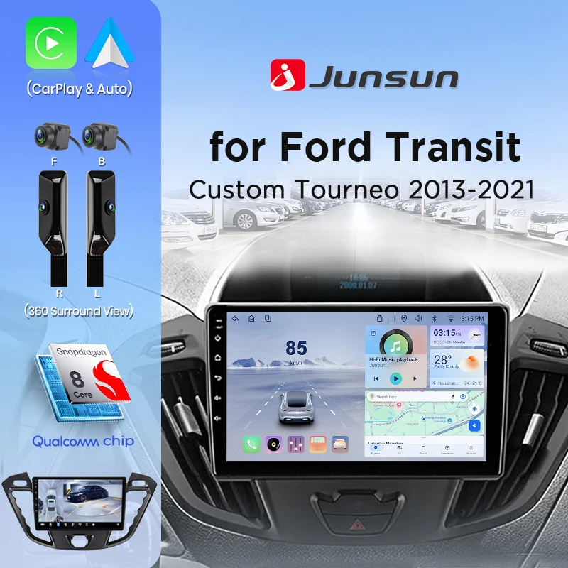 Junsun Autoradio für Ford Transit Custom Tourneo 2013-2021 360 ° Panoramakamera Kabelloses CarPlay Android Auto Stereo GPS-Navigation RDS Navigation SWC 4G-LTE WLAN Bluetooth FM 8-Kern Auto-Intelligentes System
