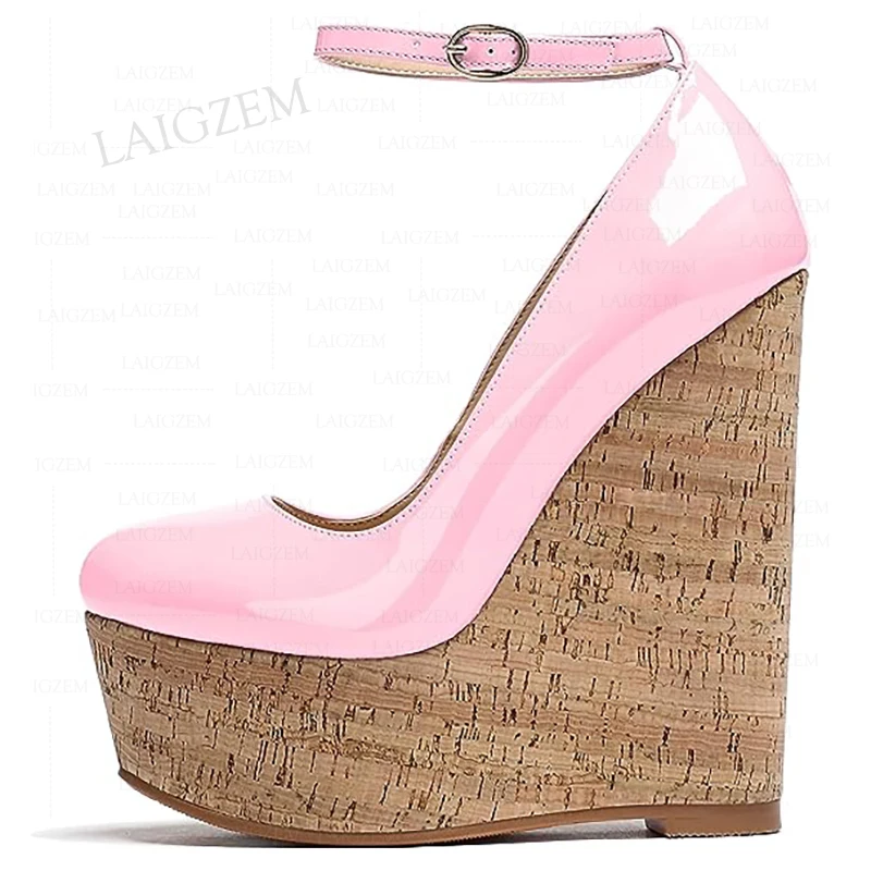 BERZIMER Damen-Pumps, Plateau-Sandalen mit Keilabsatz, runder Zehenbereich, Knöchelriemen, Damen-Schuhe mit erhöhter Absatzhöhe, Damenschuhe, große Größe 41 45 52