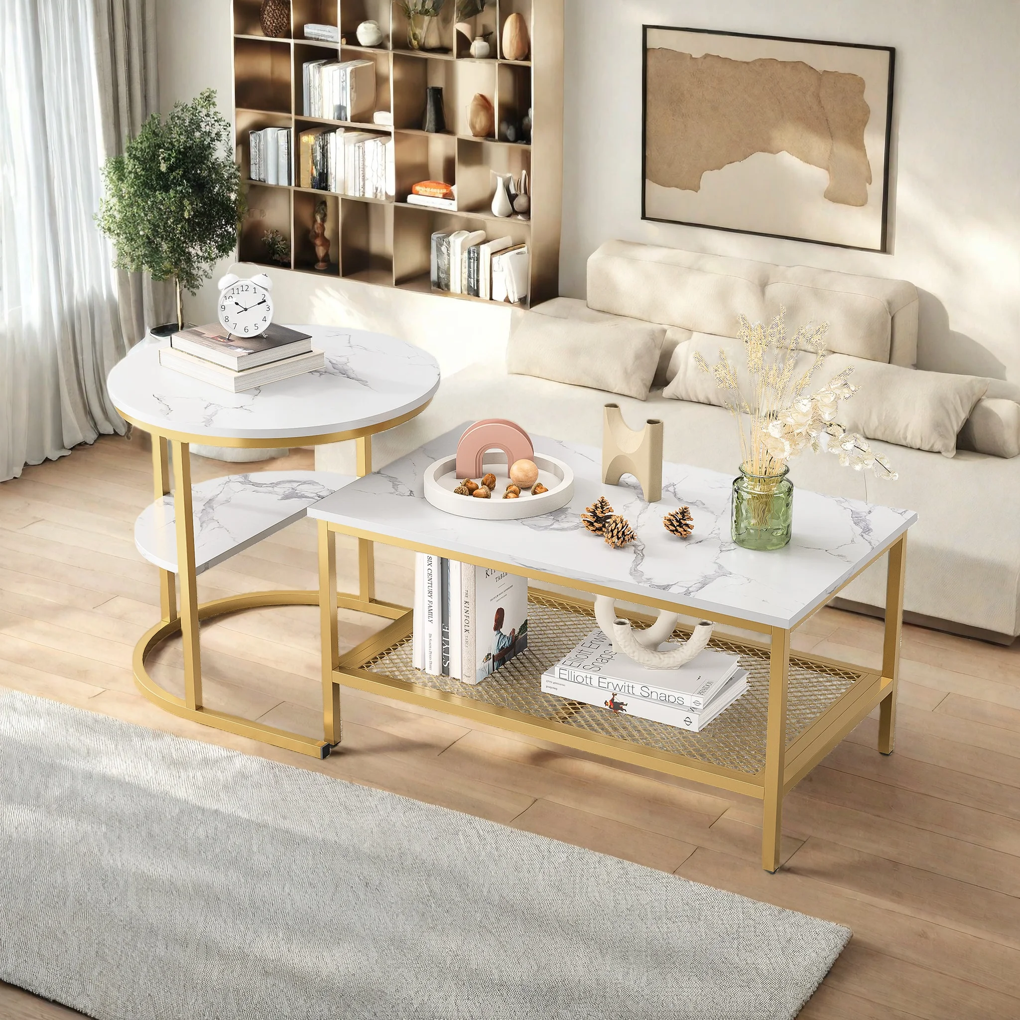 Creahappy, Modularer Couchtisch, Couchtisch mit Stauraum, Buchstabenförmiger Couchtisch, Wohnzimmer-Couchtisch, Beistelltisch für kleine Wohnungen, Multifunktionaler Couchtisch mit Stauraum, Aufbewahrungstisch, Gold