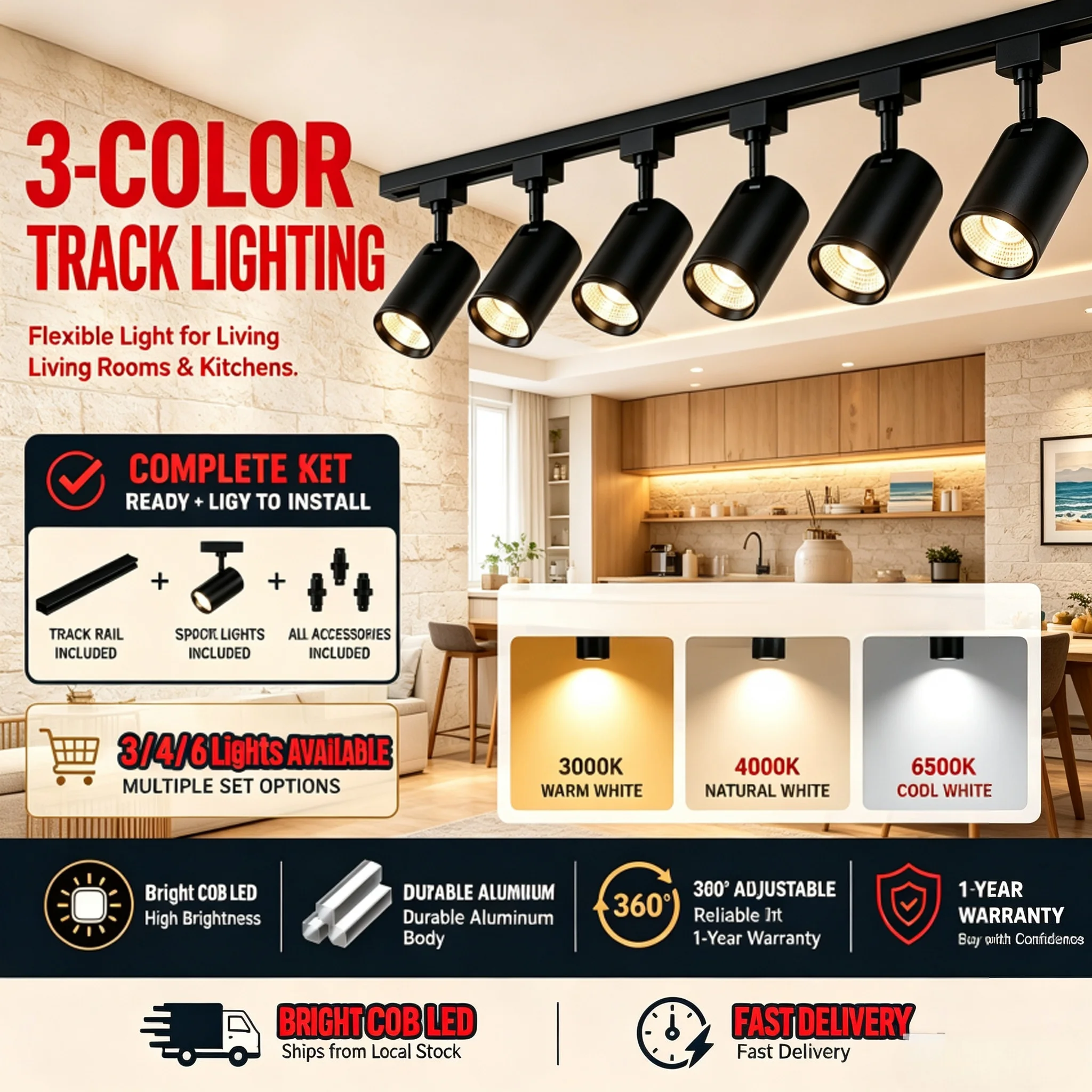 Schienenbeleuchtungs-Set, Superhelle LED-Schienenlampe, LED-Deckenstrahler, Wandlampe für Laden, Zuhause, Küche, Geschäft, 220V