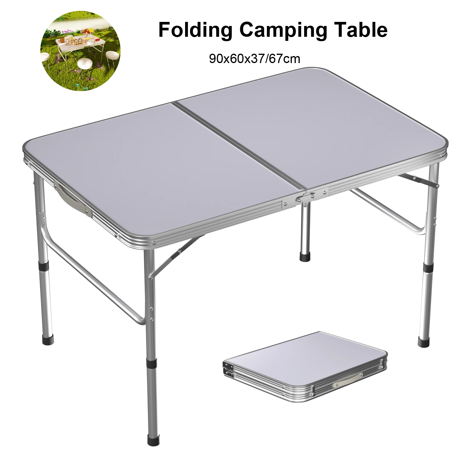 Camping-Klapptisch, hochfester, ultraleichter Aluminiumrahmen, tragbarer MDF-Tisch mit Griff, für Picknicks im Freien, Grillen, Camping, Wohnmobilreisen, höhenverstellbar, 90 x 60 x 37/67 cm, weiß, für drinnen und draußen