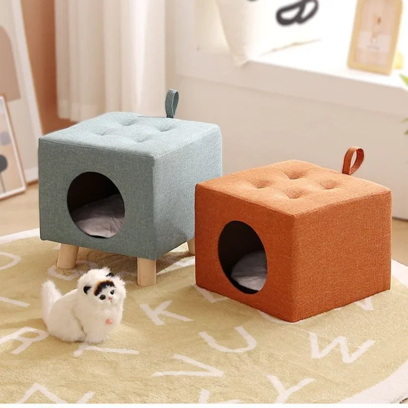 Multifunktion aler Massivholz-Katzen nest hocker tragbare Haustier möbel halb geschlossenes Haustier bett mit weichem und bequemem Kissen