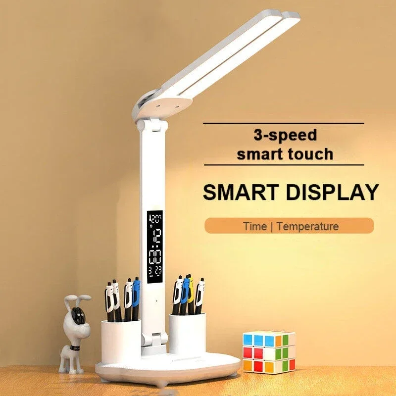 LED-Uhr-Tischlampe USB-Aufladbar Dimmbare Schreibtischlampe 2 Köpfe 180° Drehbar Faltbar Augenschutz Desktop-LED-Leselampe Nachtlampe