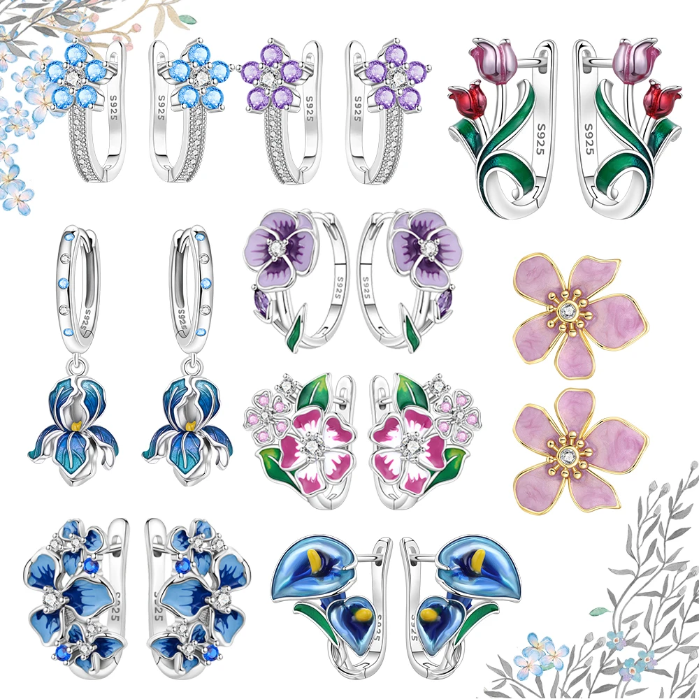 Hochwertige 925 Sterling Silber Vintage Farbige Blumen Hufeisen Lotus Iris Blume Tulpe Ohrringe Romantische Geschenke für Dates