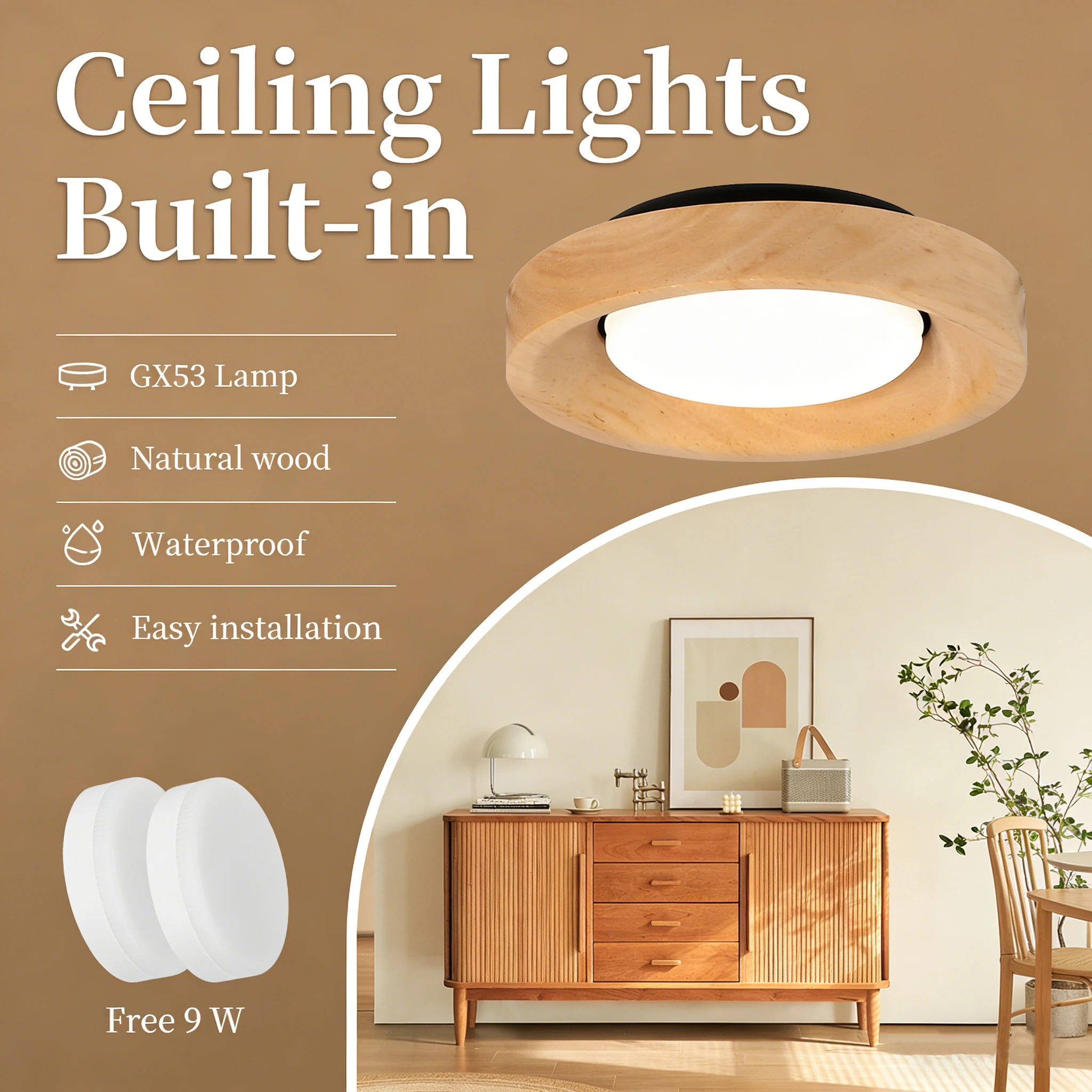 Einbau-LED-Deckenleuchte Holz-Downlight Austauschbare Glühbirne GX53 Spotlight für Küche Schlafzimmer Dekoration 220V Deckenspots Lampe