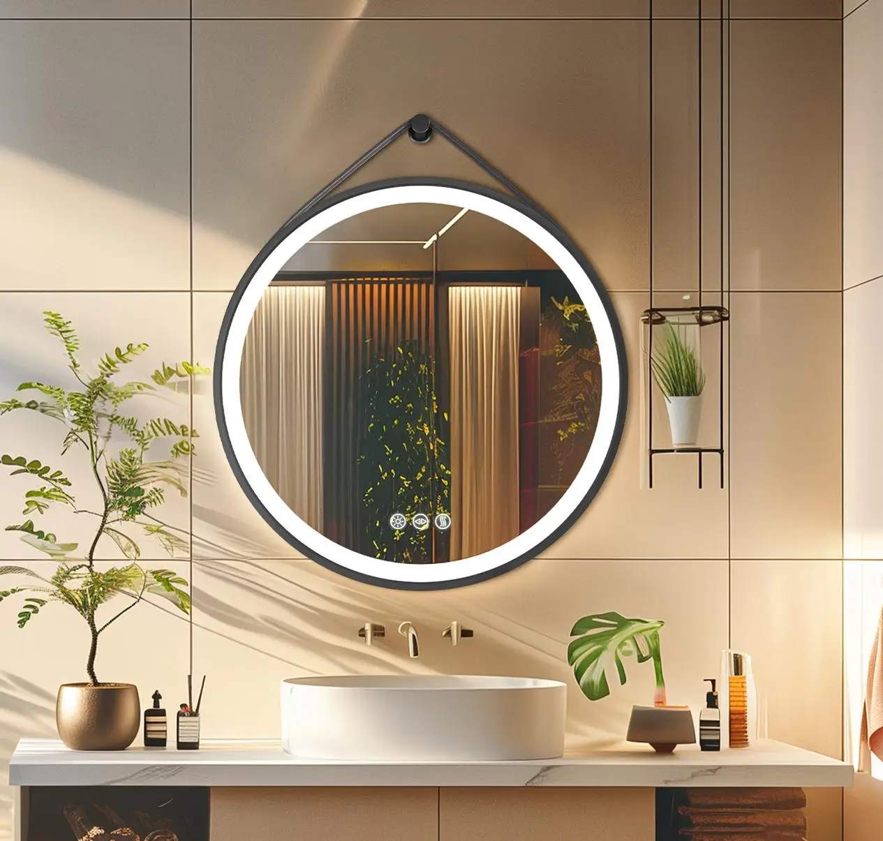 60/70/80 cm runder LED-Badezimmerspiegel, Wandbehang, Frontbeleuchtung, Kosmetikspiegel mit Lederband, Touch-Antibeschlag