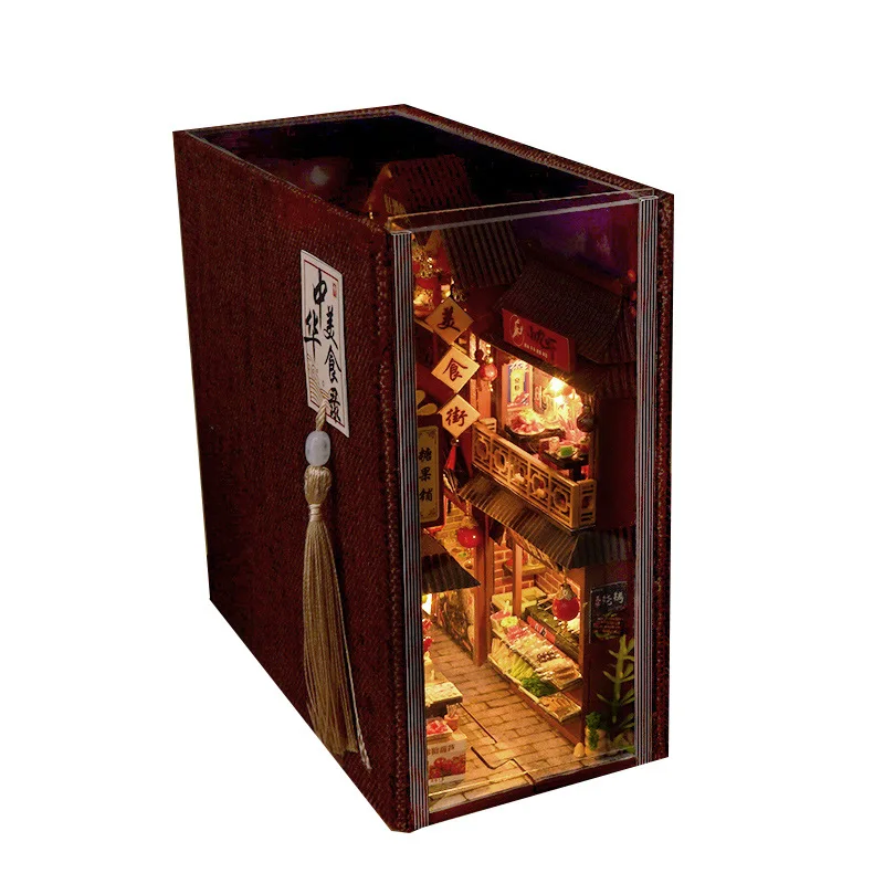 DIY Buchecke Holz Miniatur Modellbausätze Chinesisches Essen Straße Casa Buchstütze 3D Puzzle mit Licht Bücherregal für Freunde Geschenk