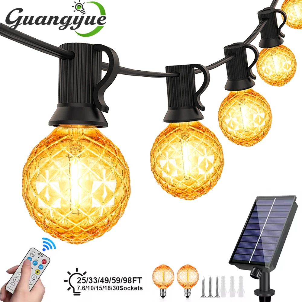Diamantförmige Solar-Lichterkette aus Kunststoff für den Außenbereich, LED 24V, bernsteinfarbene Kugeln, wasserdichte Hängelichter für Garten, Hinterhof, Café