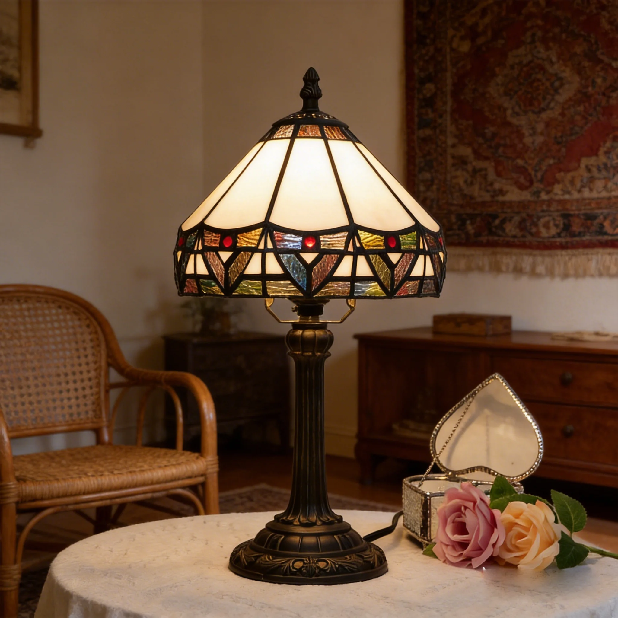 Tiffany-Stil Buntglas Tischlampe 8 Zoll Kleine Antike Nachttischlampe, für Nachttisch Schlafzimmer Wohnzimmer Heimbüro