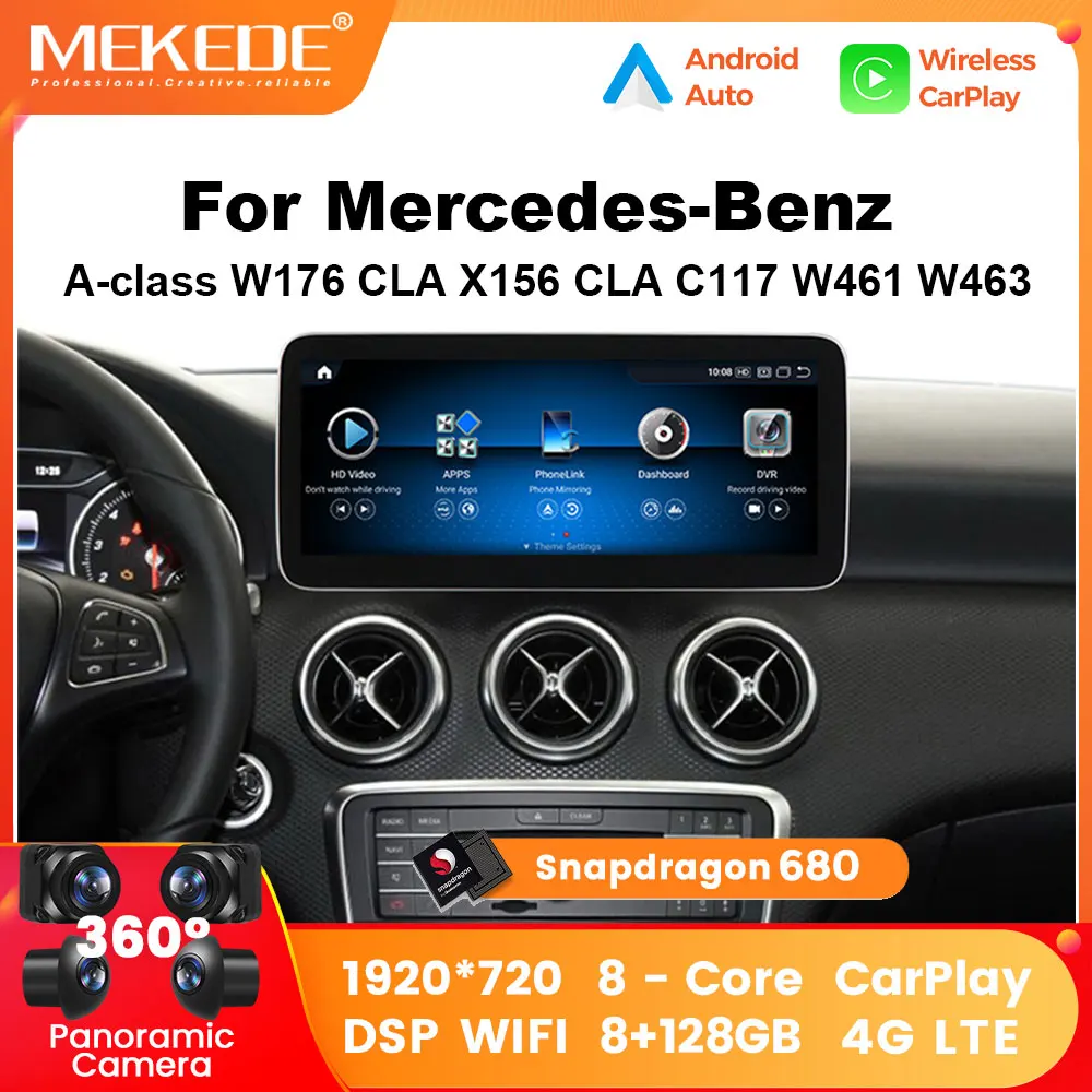 MEKEDE 10,25 Zoll 12,3 Zoll 1920*720 QLED Bildschirm Kabelloses Carplay Auto-Multimedia-Player für Mercedes-Benz A-Klasse W176 CLA X156 CLA C117 W461 W463 GPS 4G LTE DSP Autoradio GPS-Navigation WIFI Dual-BT-Unterstützung OEM-System...