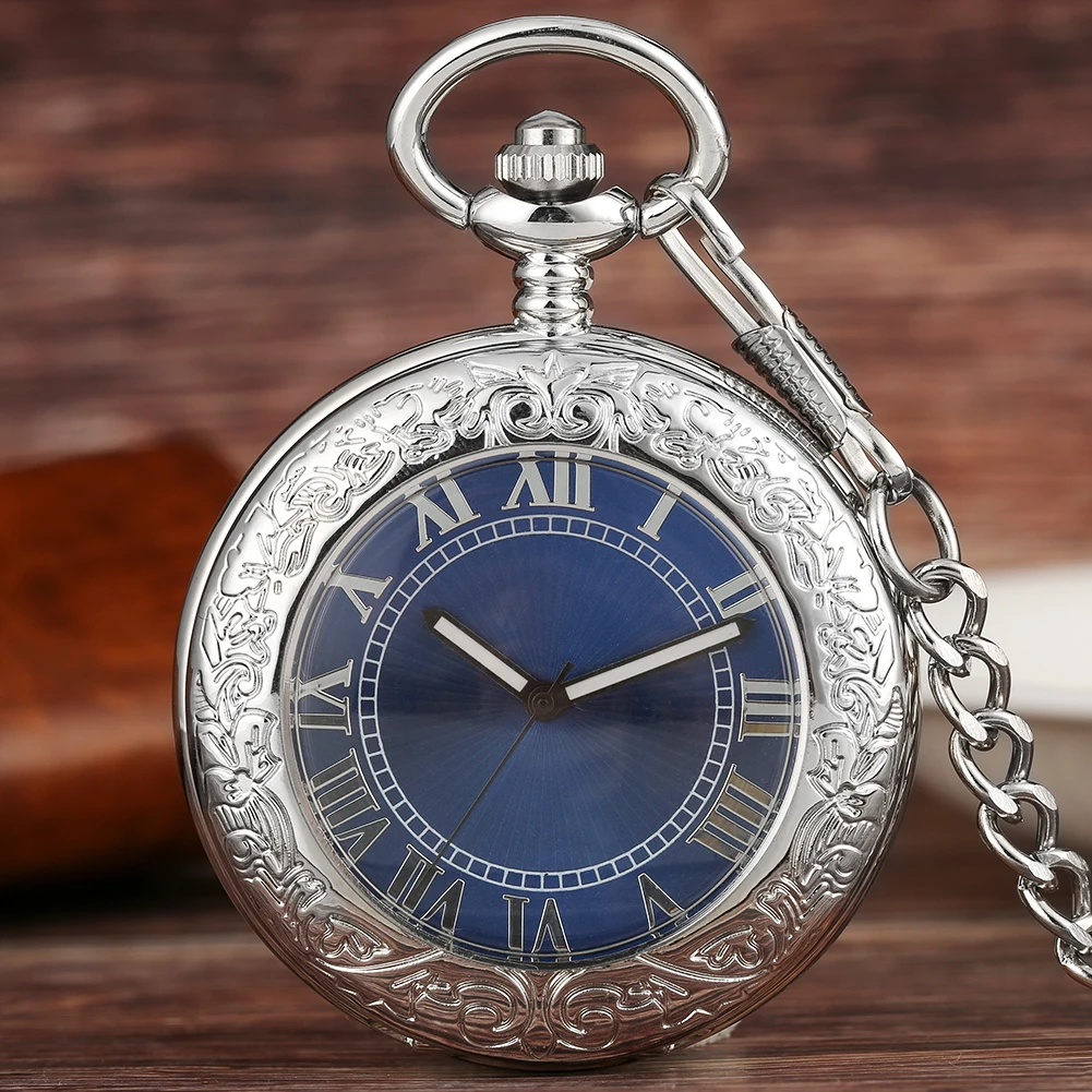 Stilvolle blaue Zifferblatt transparente Glasabdeckung Herren mechanische Selbstaufzug Taschenuhr elegante antike Anhänger Uhren Geschenk männlich