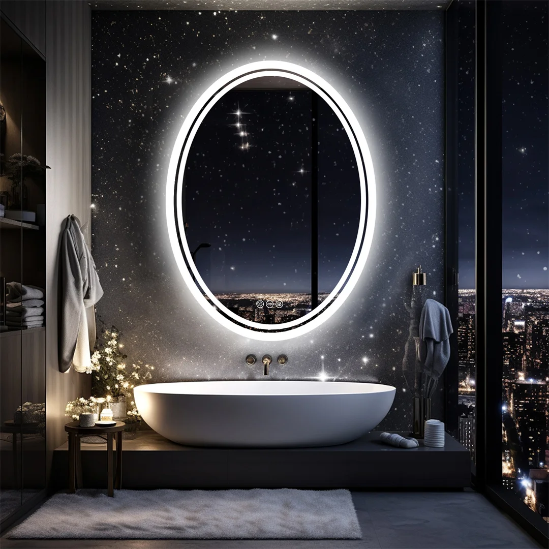 LUVODI 60x80cm Moderner Ovaler LED-Beleuchteter Badezimmerspiegel Wandmontierter Schminkspiegel mit Antibeschlag-Funktion für Zuhause Hotel Salon Dekorative Schönheitspflege