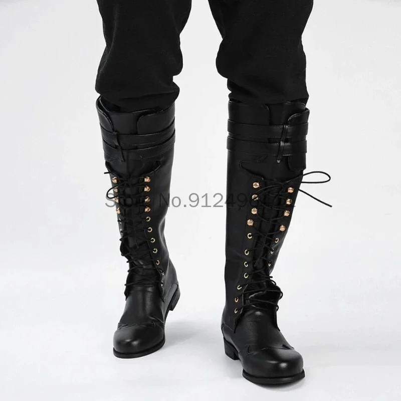 Mittelalterliche Retro Männer Ritter Stiefel Karneval Gothic Britischen Stil Soldat Prinz Cosplay Leder Boot Party Mode Verband Schuhe