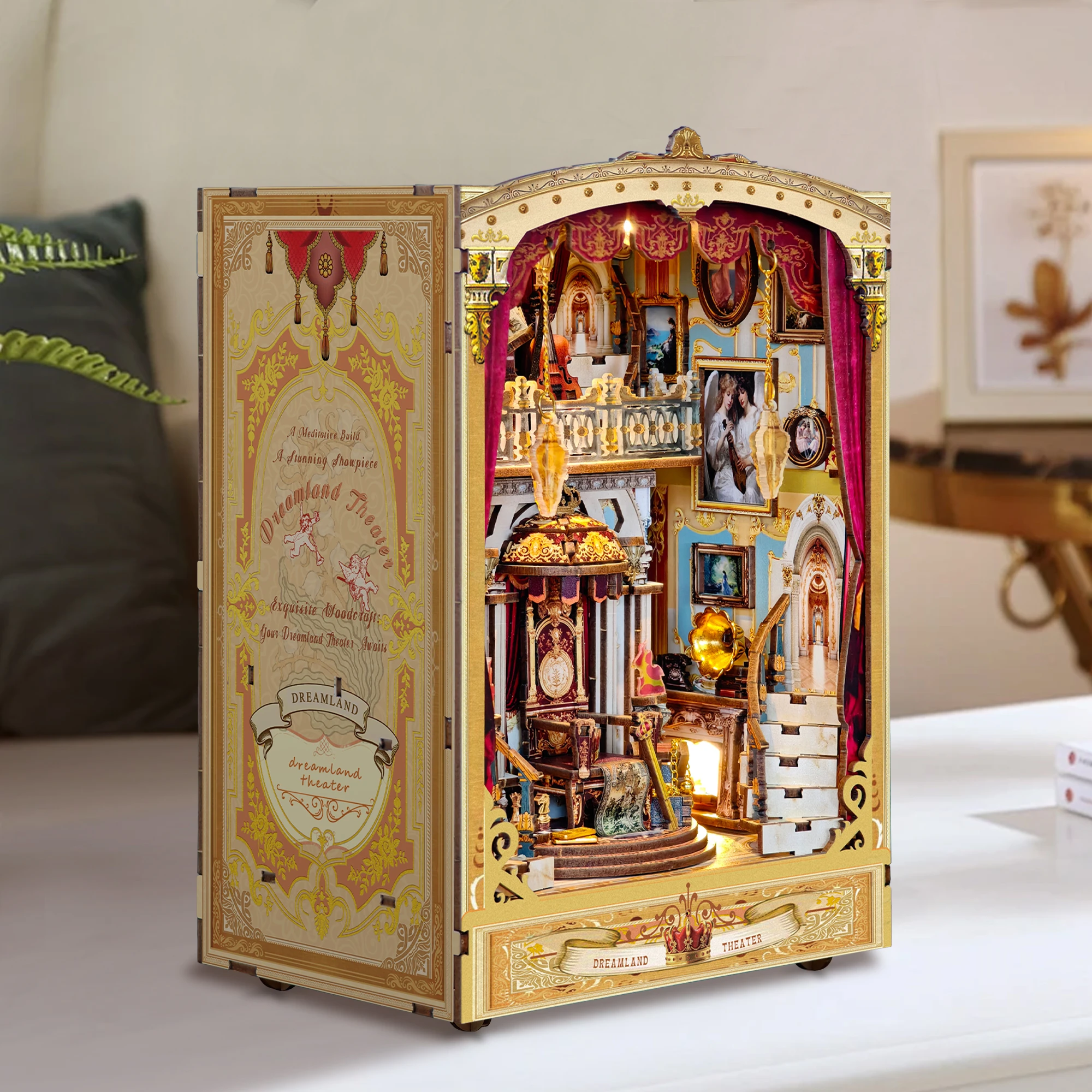 DIY Buchecke Holz Miniatur Modellbausätze Dreamland Theater Buchstütze 3D Puzzle mit Licht Bücherregal für Freund Geburtstagsgeschenke