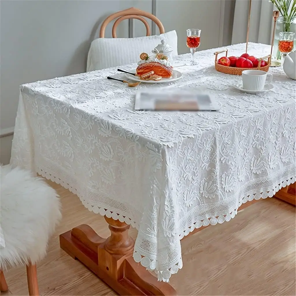 Weiße Spitzentischdecke für rechteckige Tische, rustikale bestickte Tischdecke für Dinnerparty, Hochzeit, Empfang, Heimdekoration
