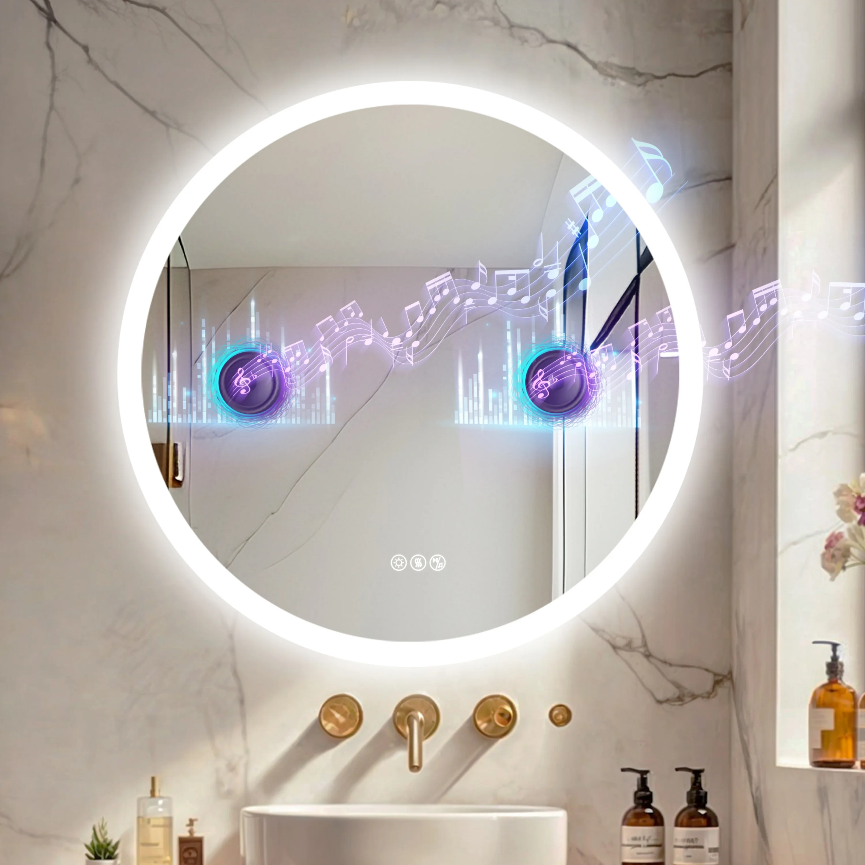 Runder Badezimmerspiegel 800 x 800 mm mit Bluetooth-Wandbeleuchtung, LED-Kosmetikspiegel, beschlagfrei, dreifarbiges Licht, Speicherfunktion