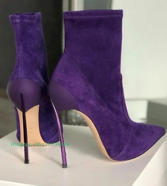Lady dark lila ankle stiefel sexy spitz wildleder blau stiletto high heels große größe mode kleid stiefel schuhe