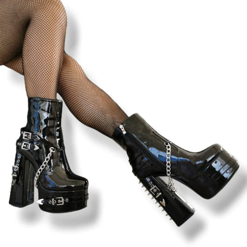 Schwarz Niet Seite Zipper Stiefel Damen Gothic Große Größe 36-47 Plattform Leder Schnalle Chunky Ferse Frauen Stiefeletten zapatos Mujer