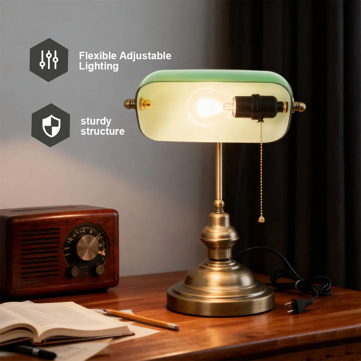 Moderne Bank-Schreibtischlampen mit Reißverschluss-Schalter, grüner Kunststoff-Lampenschirm ohne Glühbirne, mittelalterliche Banker-Schreibtischlampe für Zuhause, Büro, Bibliothek