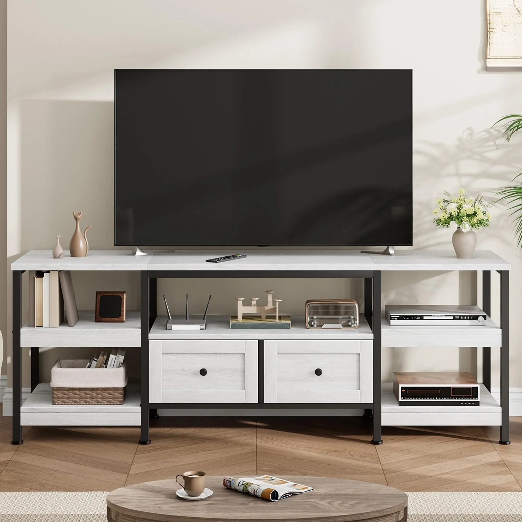 TV-Schrank, Industrial Möbel Lowboard für Fernseher bis zu 75 Zoll, 180 cm Lang, Fernsehtisch mit 2 Schubladen, 5 Offenen Fächern, 180 x 40 x 65cm, Wohnzimmer, Stahlgestell, Weiß