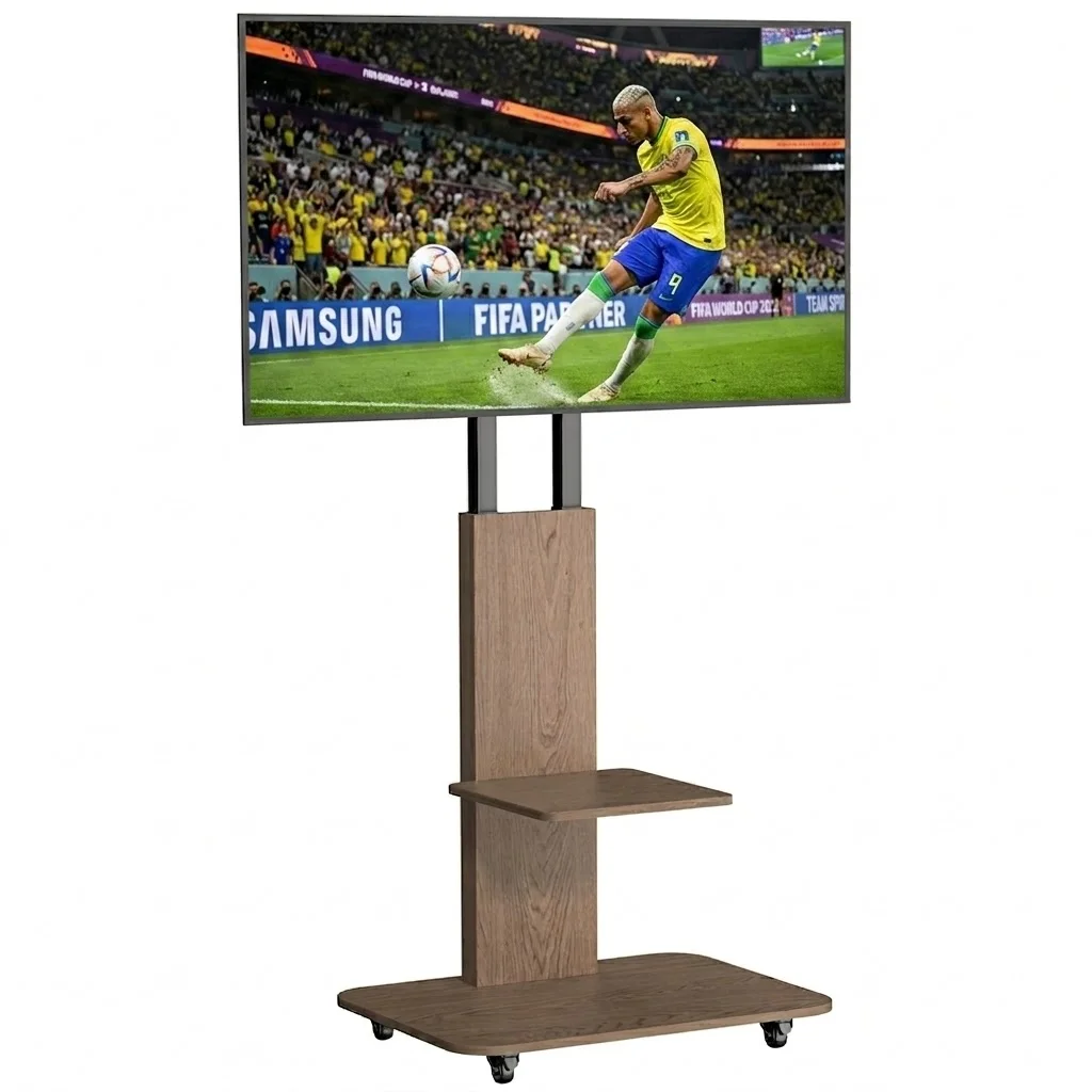 Robuster Stahl-TV-Ständer Rollbarer Holz-TV-Wagen mit Ablage für 40-75 Zoll LED LCD Höhenverstellbar