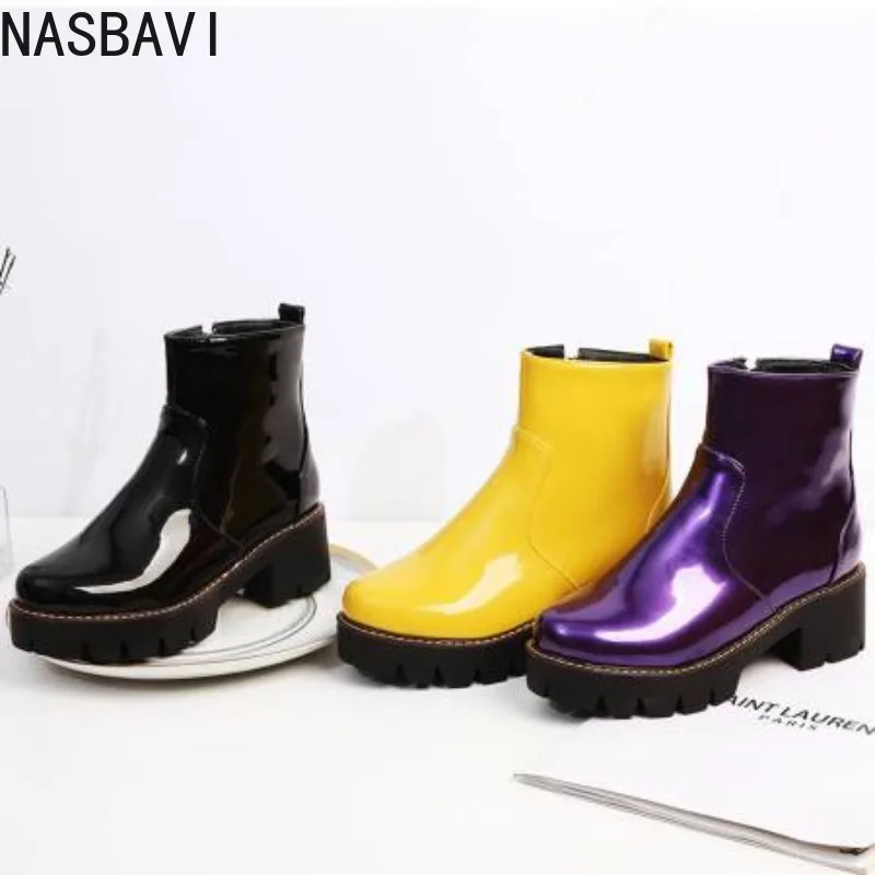 NASBAVI Lackleder-Punk-Kampfstiefel für Damen, Bonbonfarben, Lila, Gelb, klobiger dicker Absatz, Gothic-Biker-Cosplay-Schuhe für den Winter