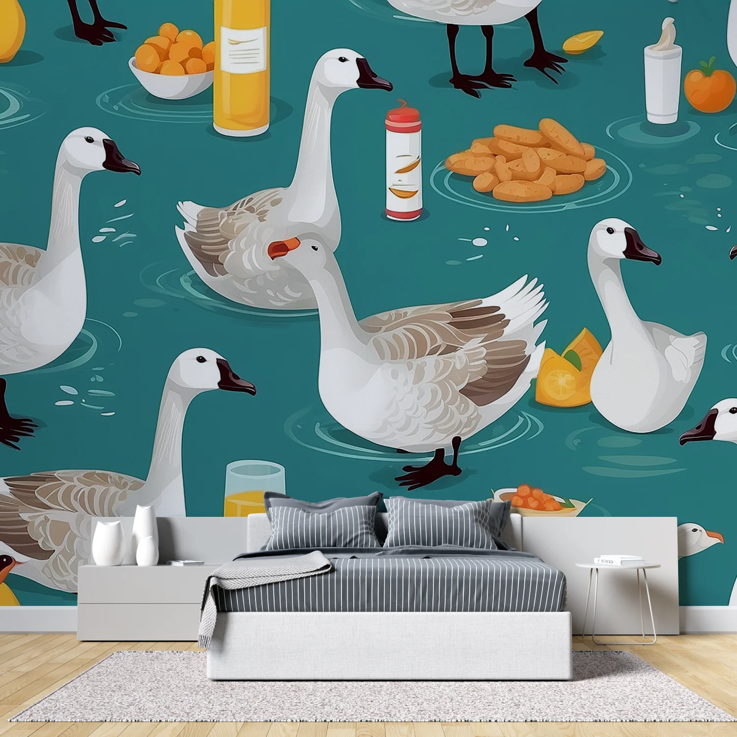 Maßgeschneiderte Tapete mit Cartoon-Tiermotiv, weißer Schwan, Kinderzimmer, Korallenbaum, Seestern, Muschel, Dekoration, Malerei, 3D-Wandbilder